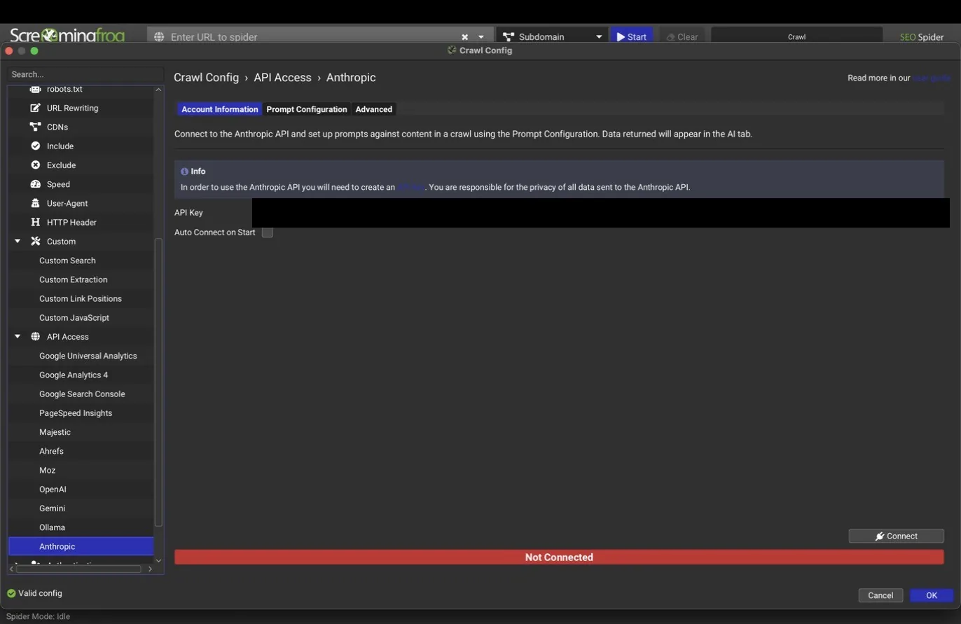 Anthropic account tab, API key redacted