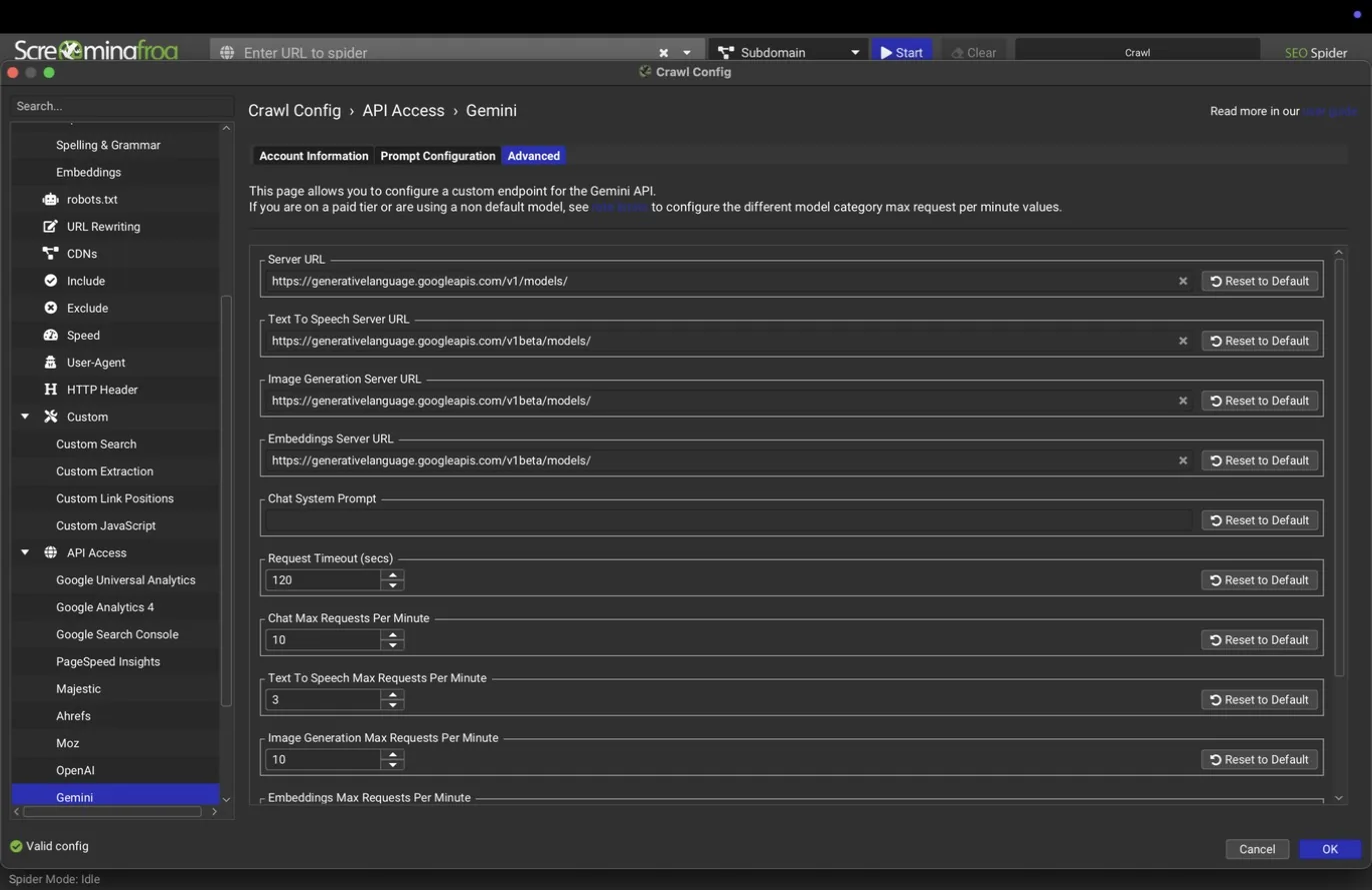 Gemini advanced tab with endpoint and rate limits