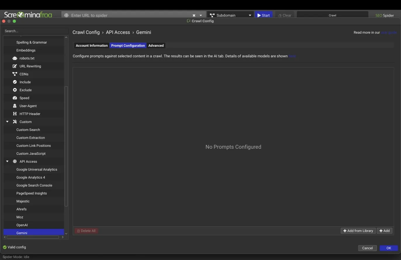 Gemini prompt configuration tab