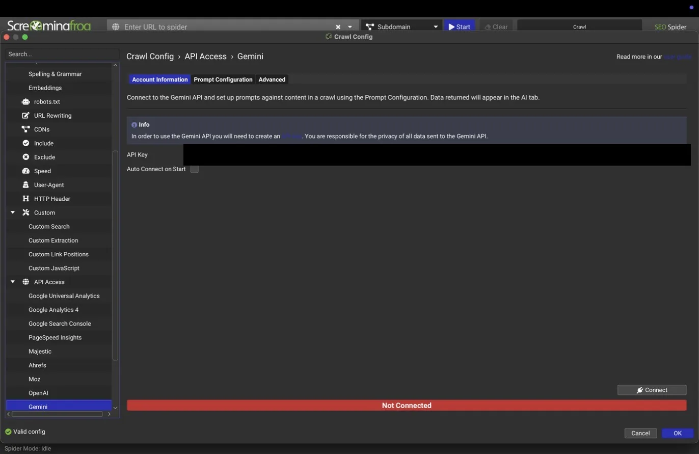 Gemini account tab, API key redacted