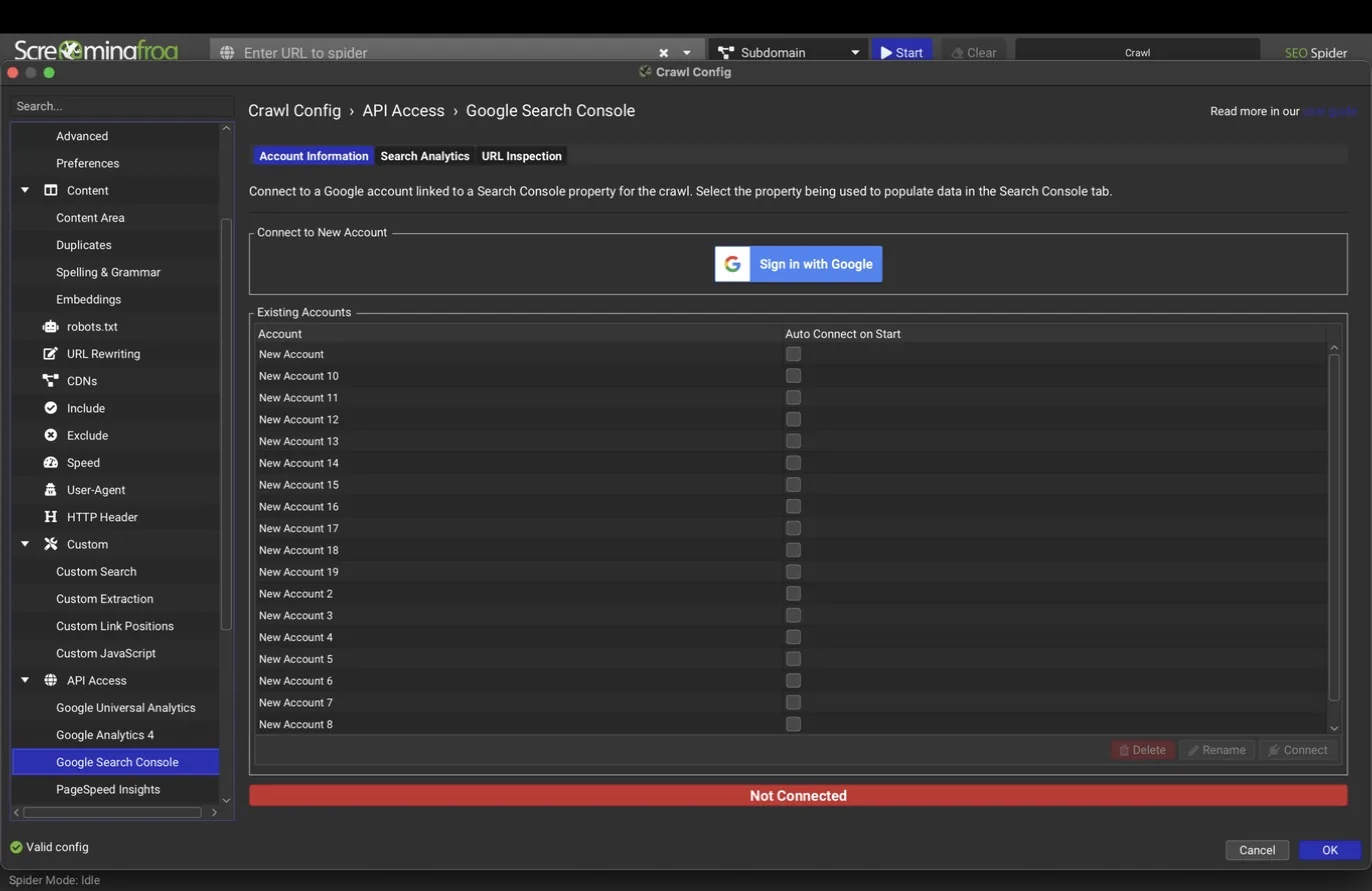Google Search Console account tab before connecting