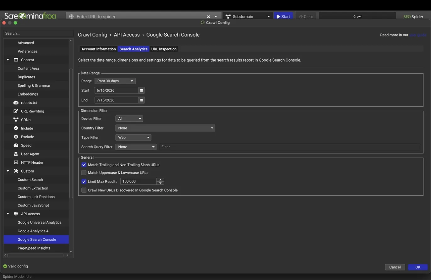GSC Search Analytics tab with date range and dimension filters