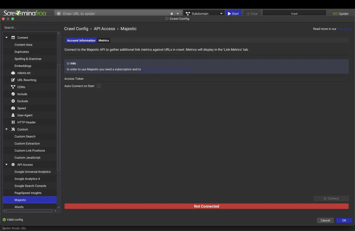 Majestic account tab