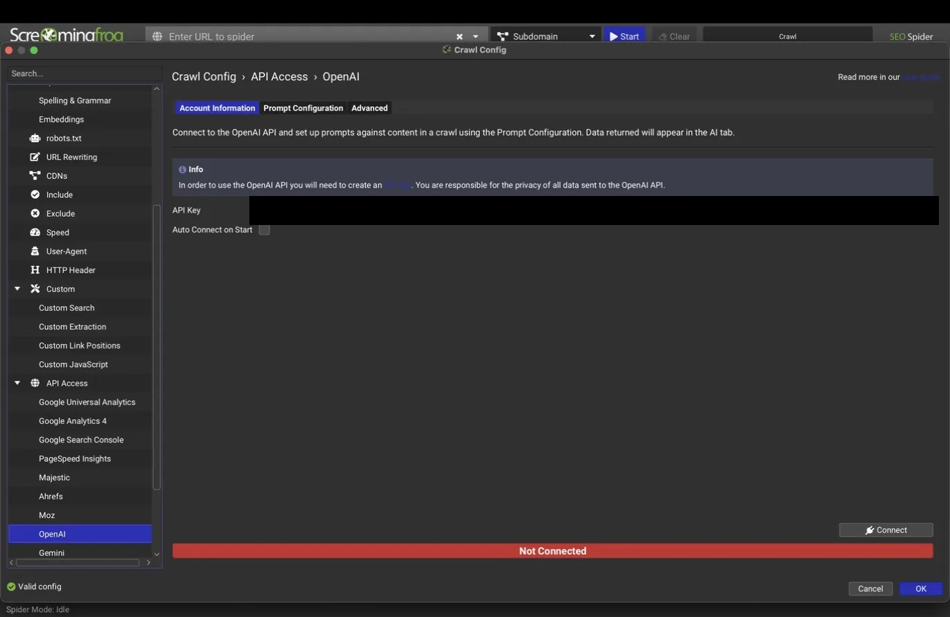 OpenAI account tab, API key redacted