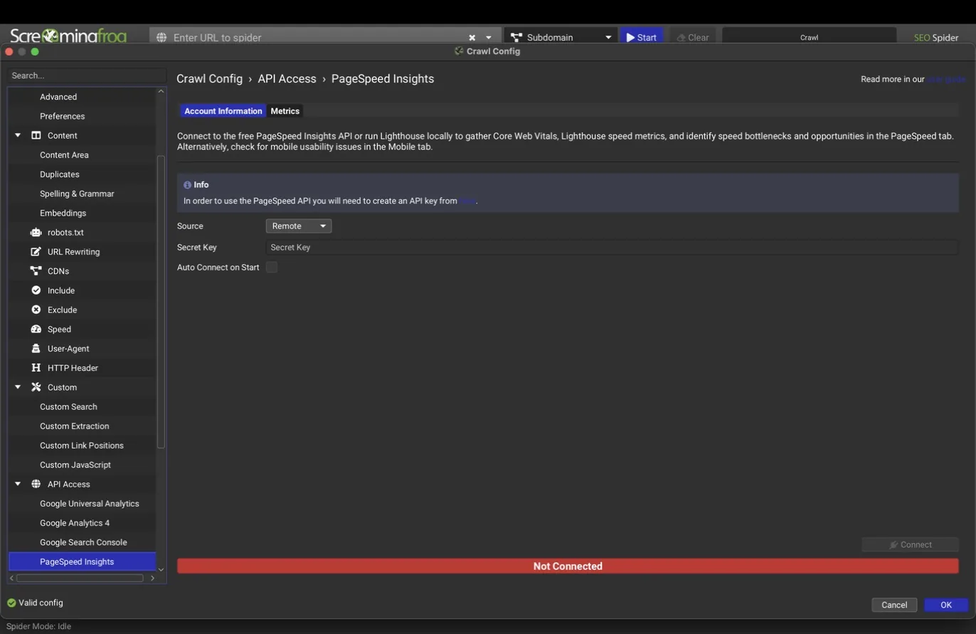 PageSpeed Insights account tab with the secret key field