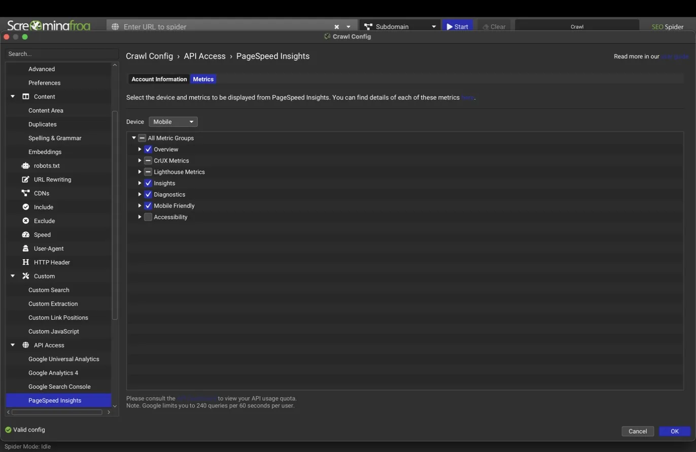 PageSpeed Insights metrics tab with device and metric groups