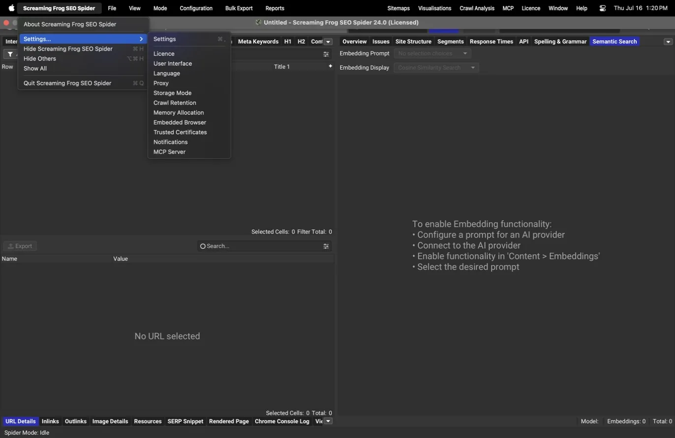 Application Settings submenu expanded
