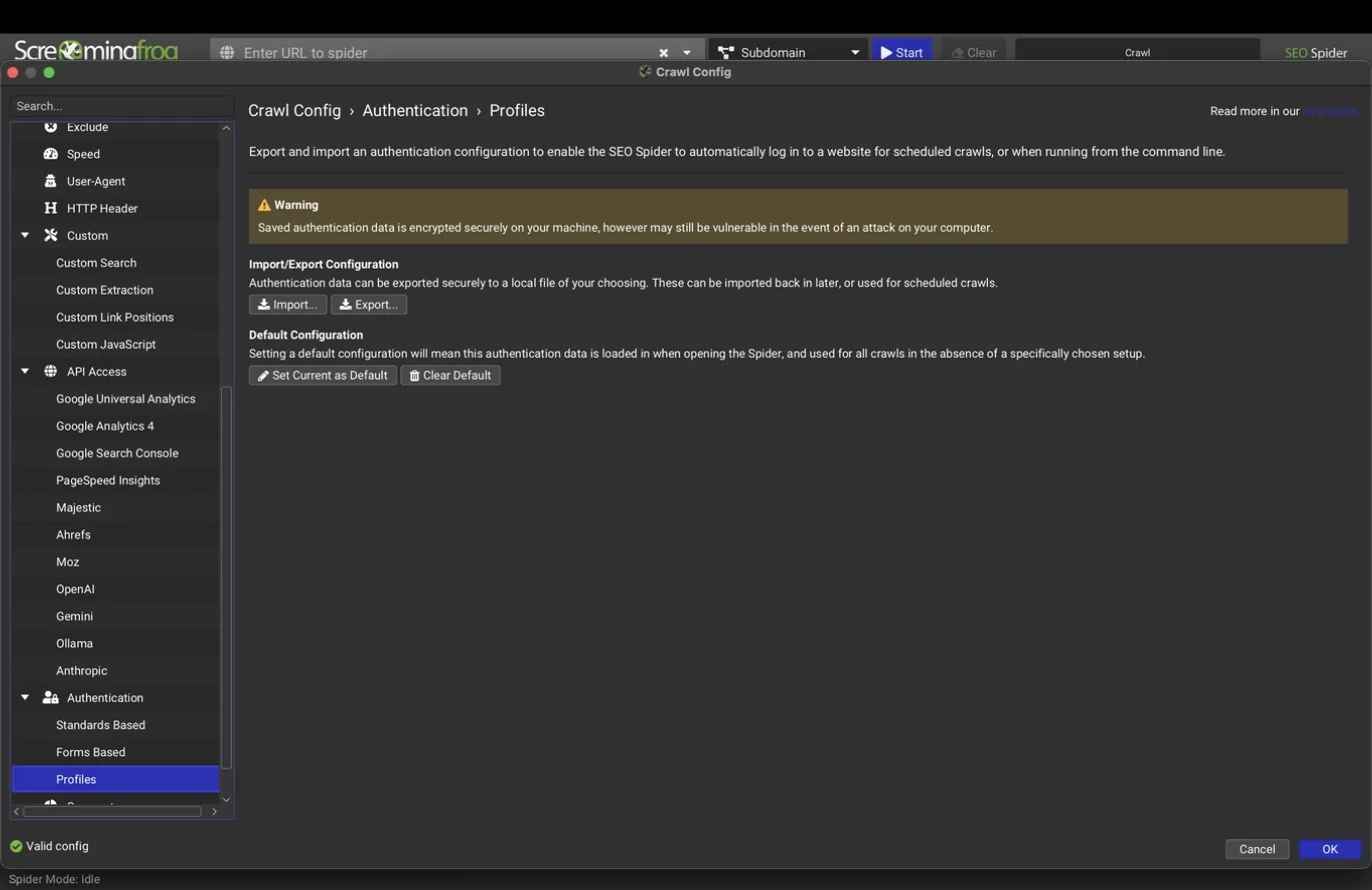 Authentication profiles tab with import and export