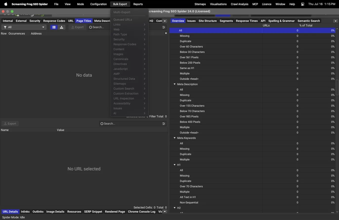 Bulk Export menu