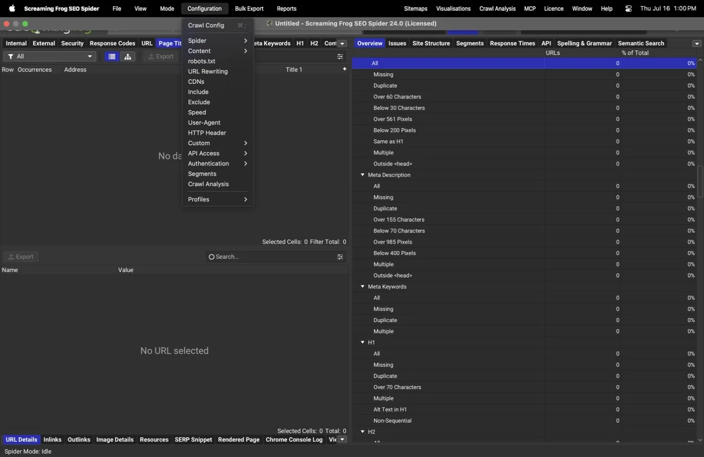 Configuration menu open