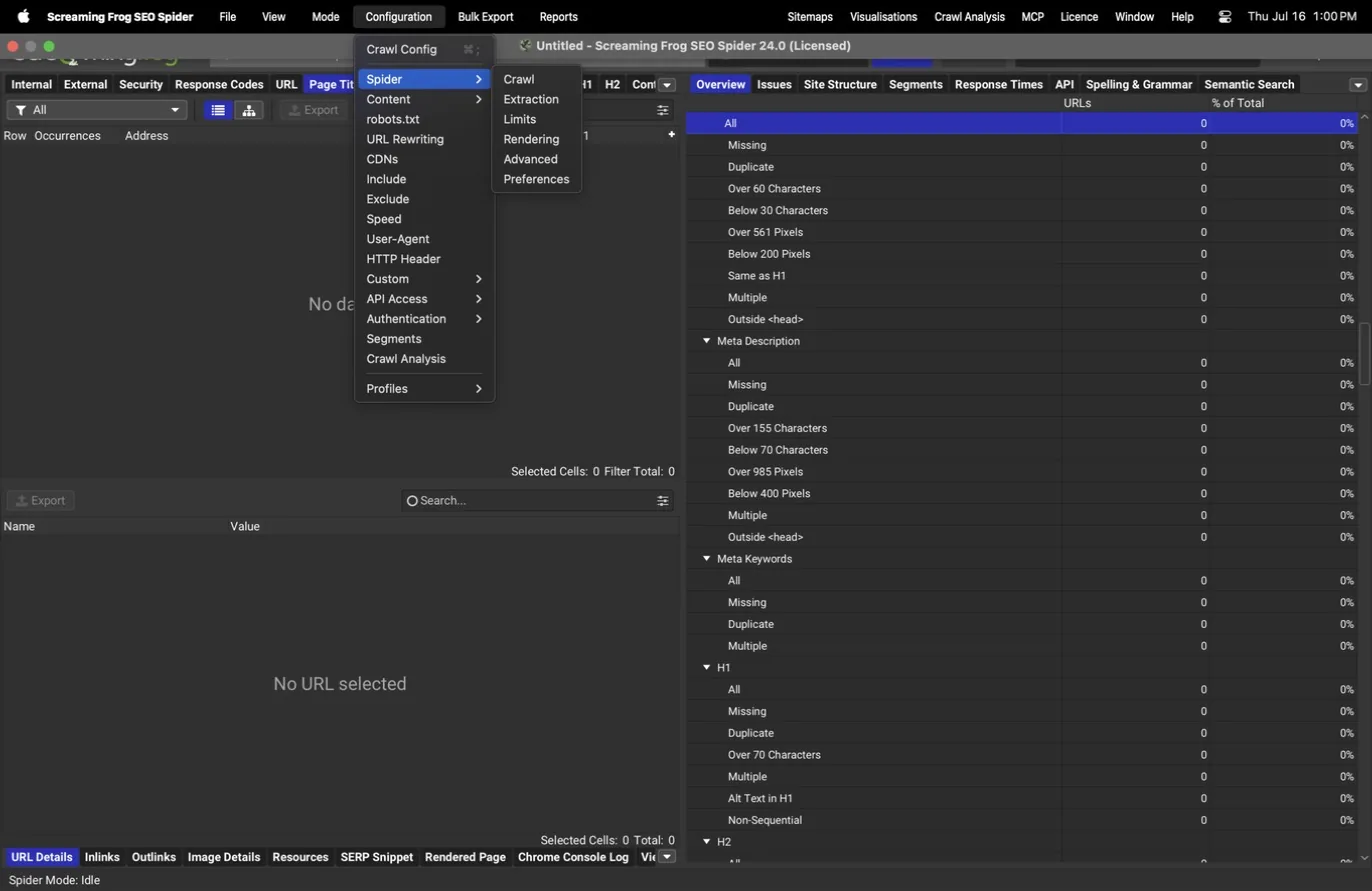 Configuration menu with the Spider submenu expanded