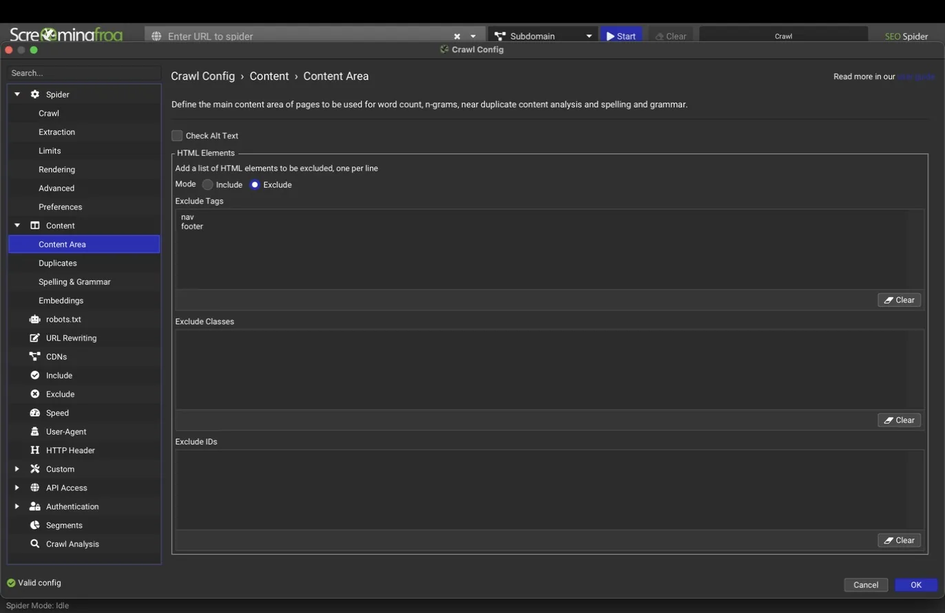 Content Area pane with nav and footer exclusions