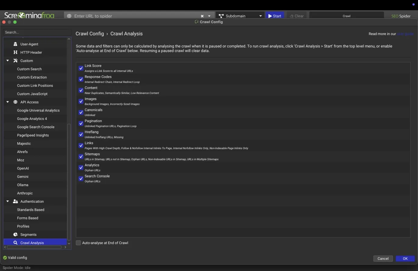 Crawl Analysis configuration pane