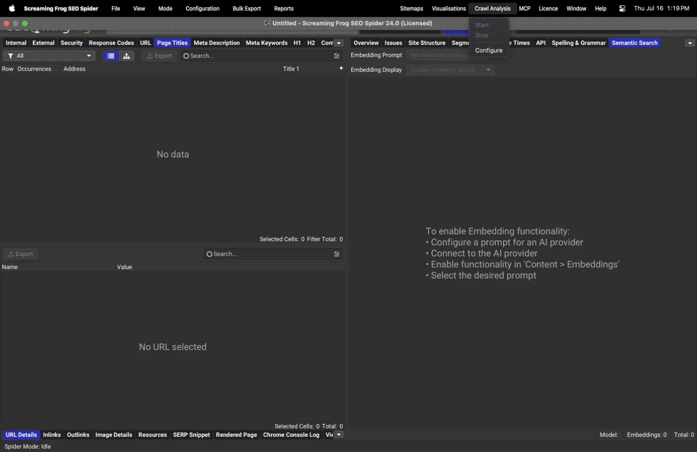 Crawl Analysis menu with start, stop, and configure