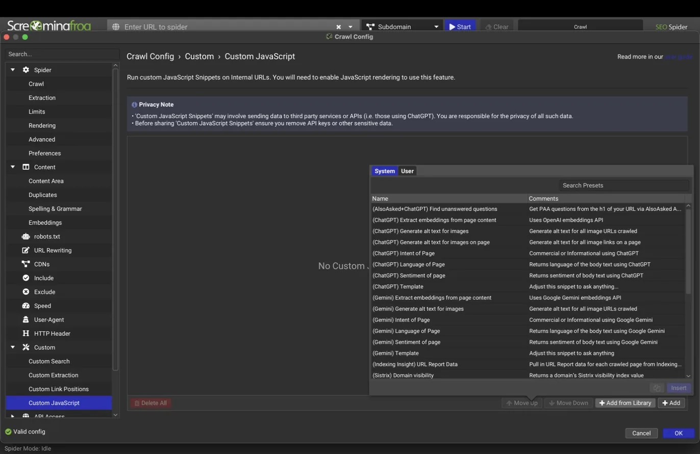 Custom JavaScript library, top of the list with AlsoAsked, ChatGPT, and Gemini presets