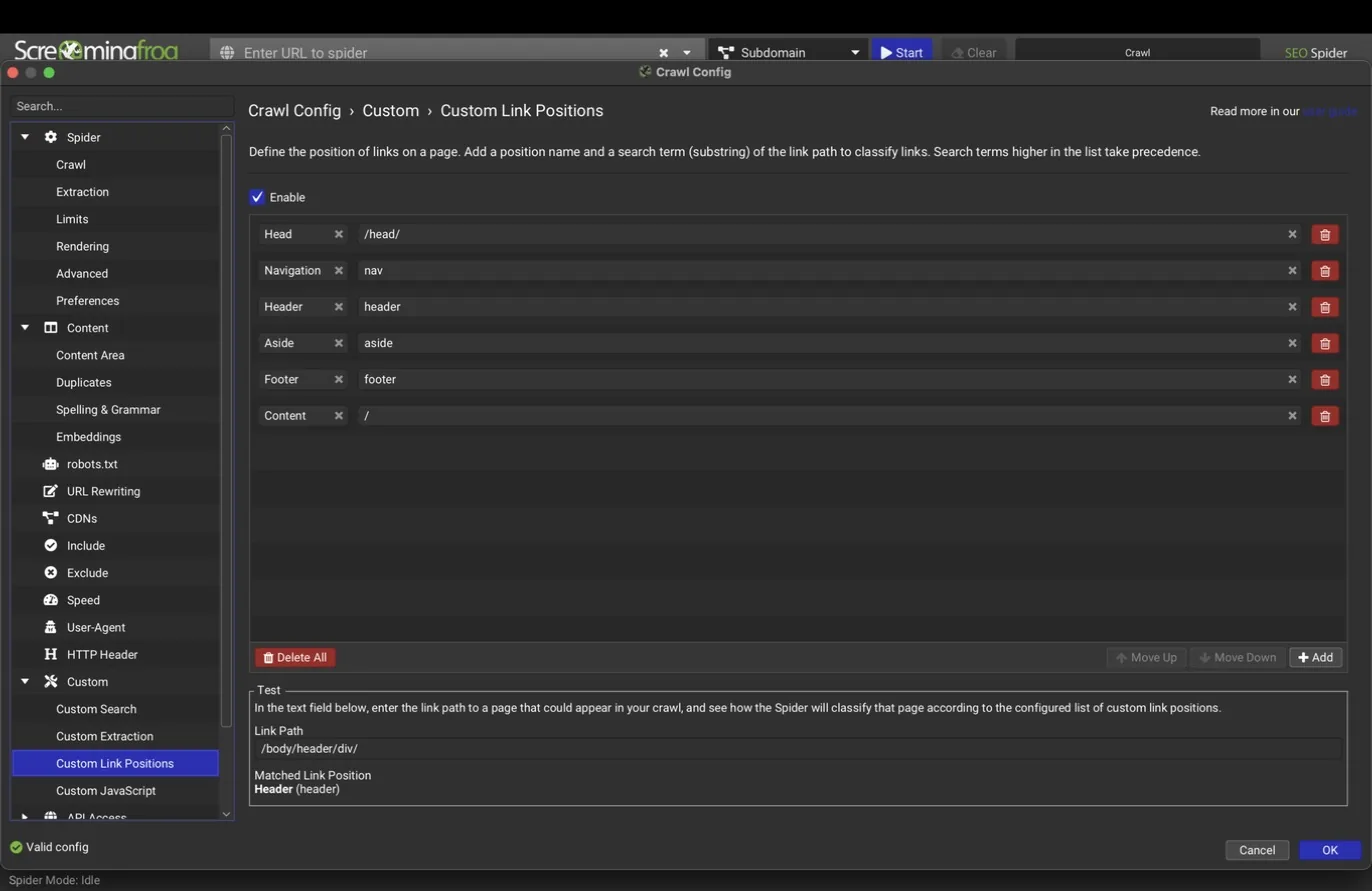 Custom Link Positions pane with defaults and test field