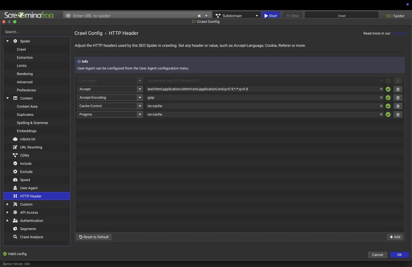 HTTP Header pane with default headers