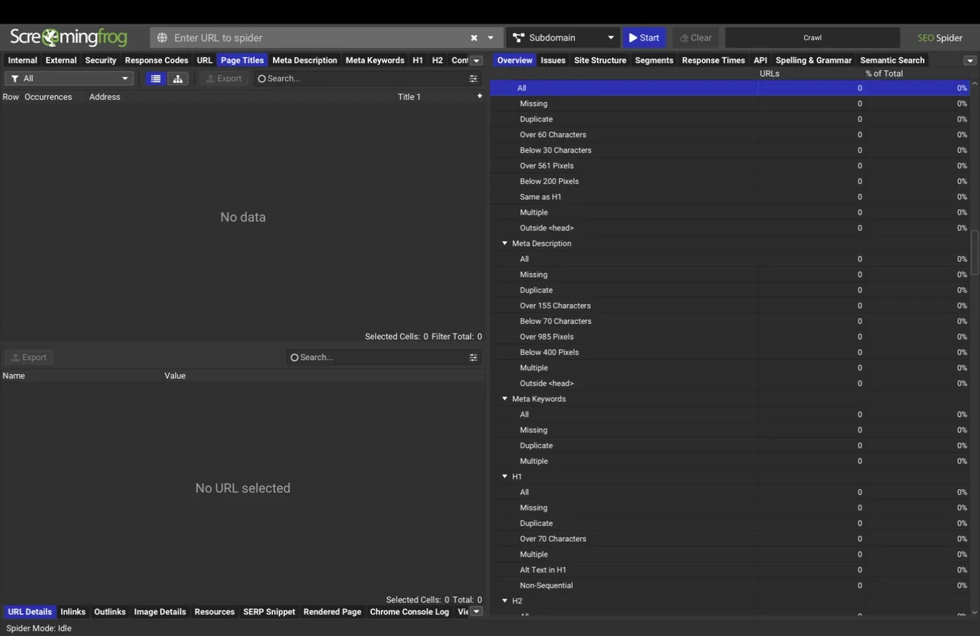 Screaming Frog v24 main window with the Overview pane before a crawl