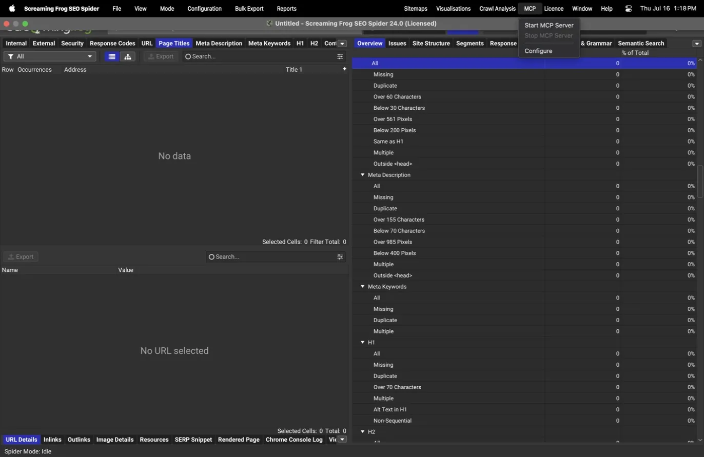 MCP menu with start, stop, and configure