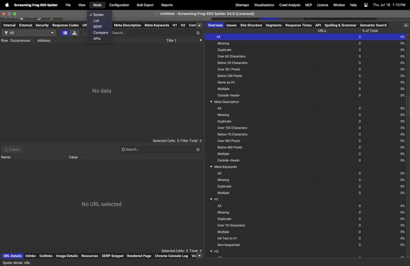 Mode menu showing Spider, List, SERP, Compare, and APIs
