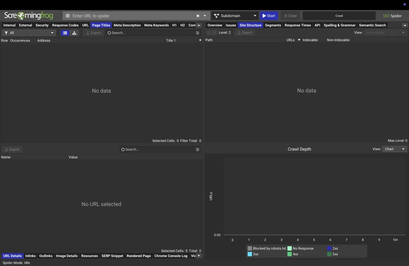 Right pane, Site Structure tab with crawl depth chart