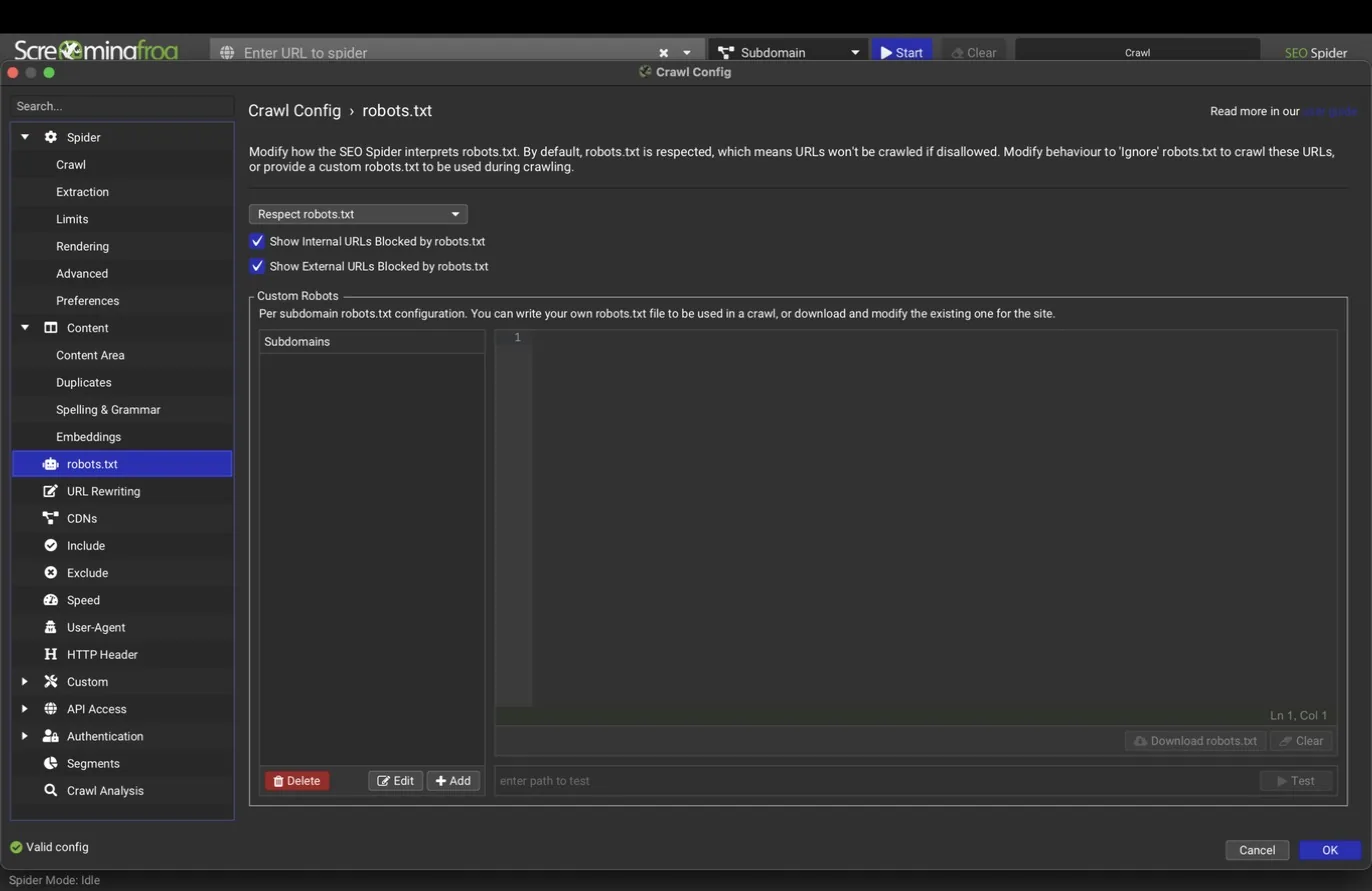 robots.txt pane with respect and custom options