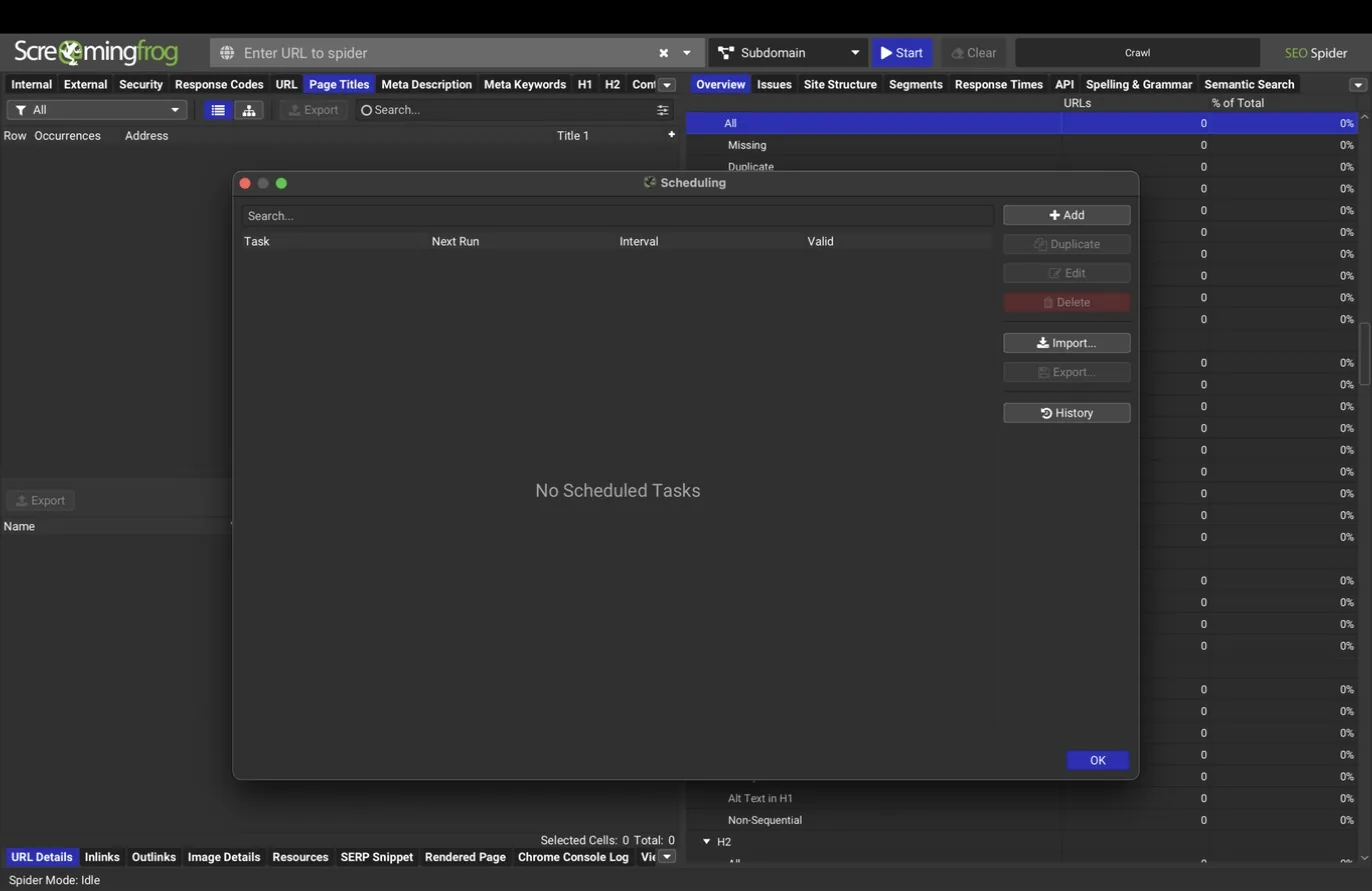 Scheduling dialog with the task table