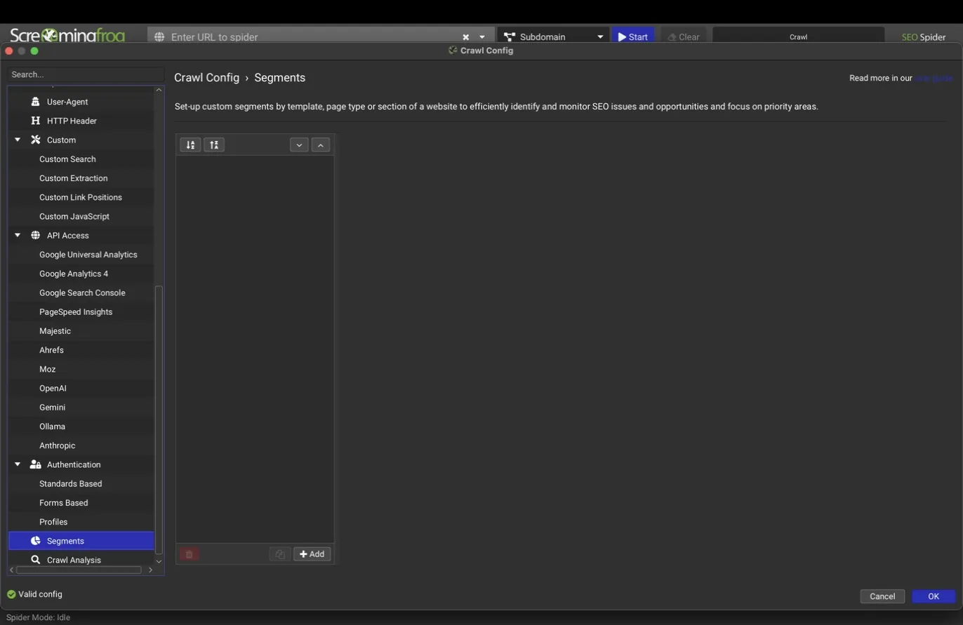 Segments configuration pane