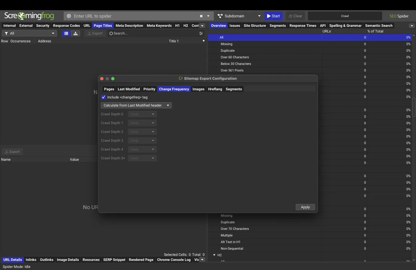 Sitemap export, Change Frequency tab