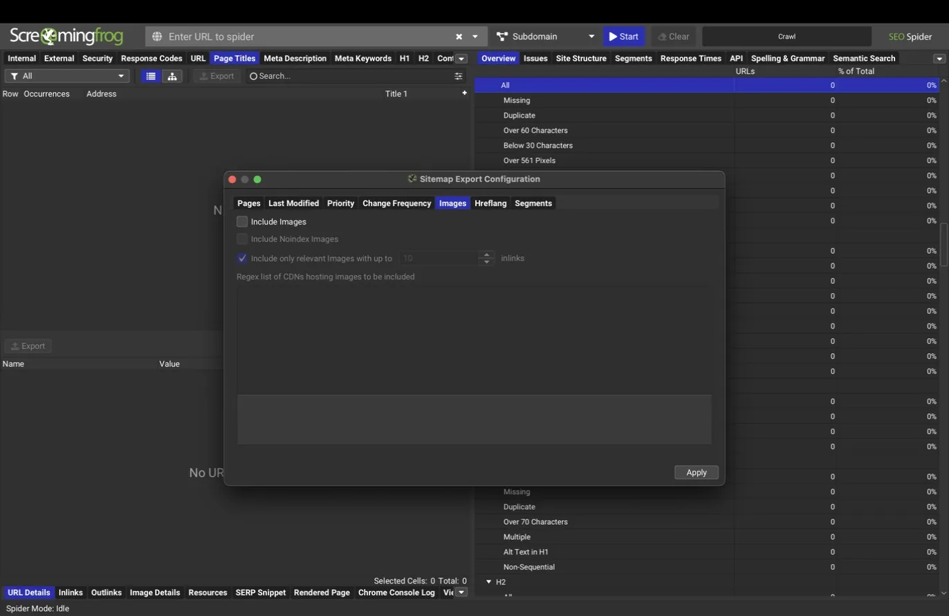 Sitemap export, Images tab