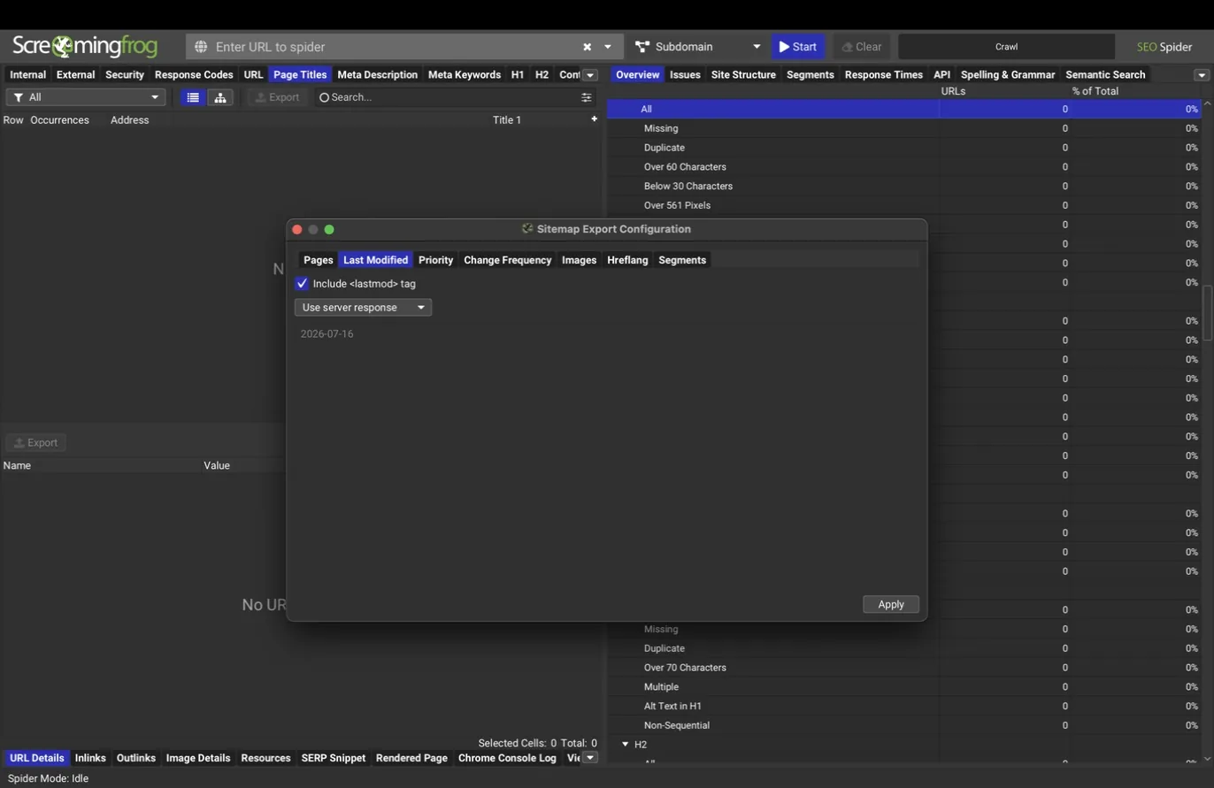 Sitemap export, Last Modified tab