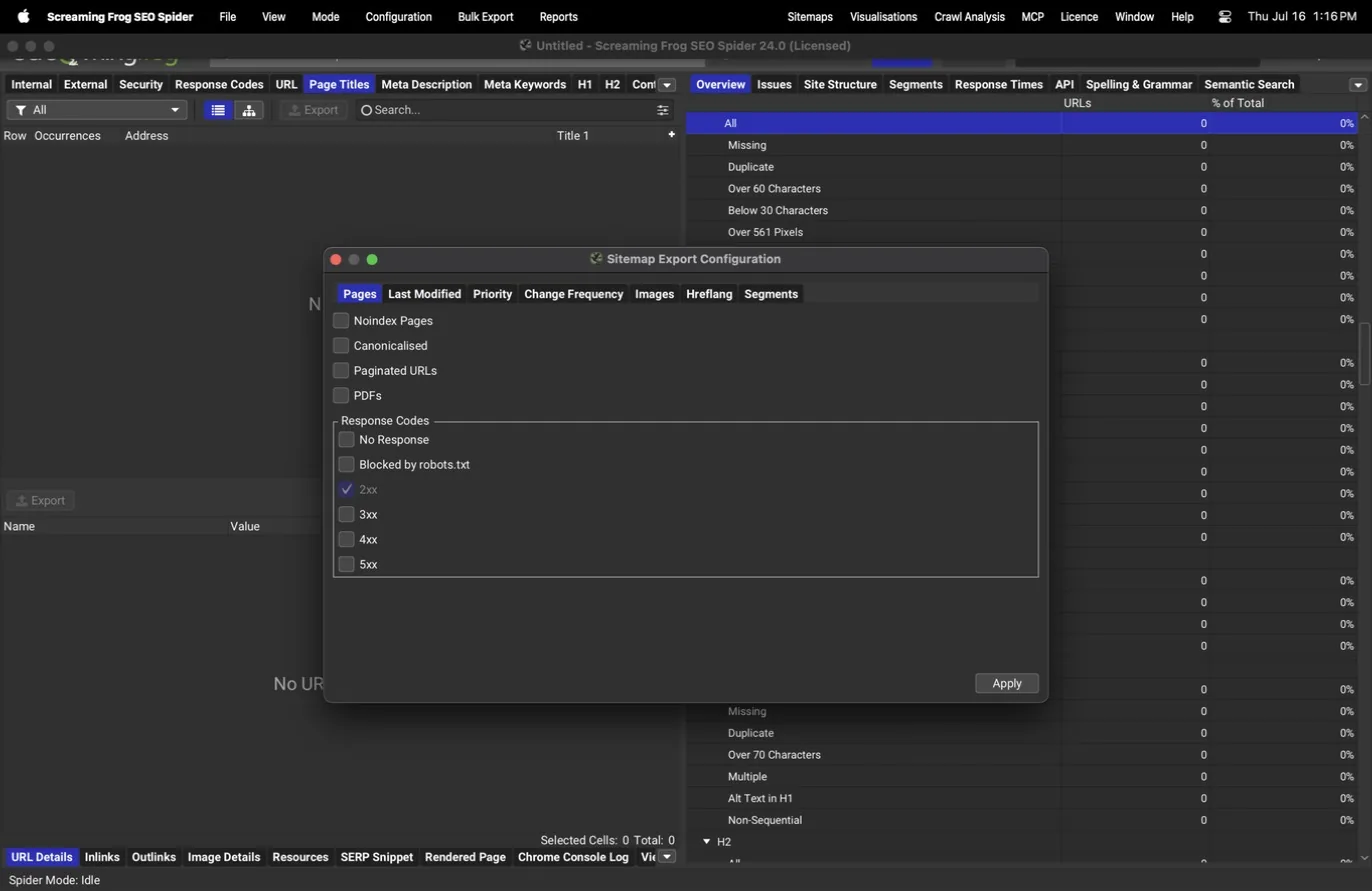 Sitemap export, Pages tab