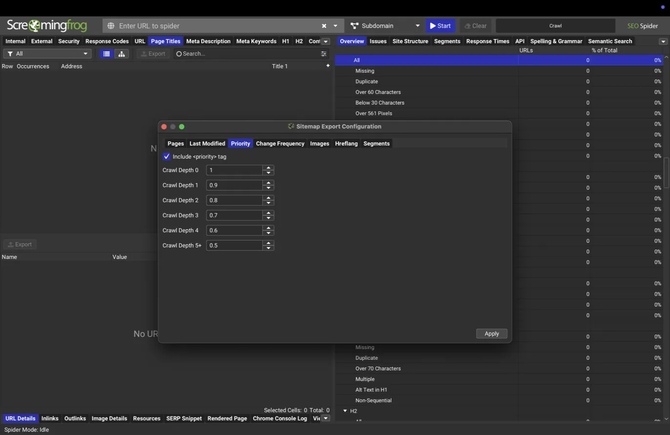 Sitemap export, Priority tab