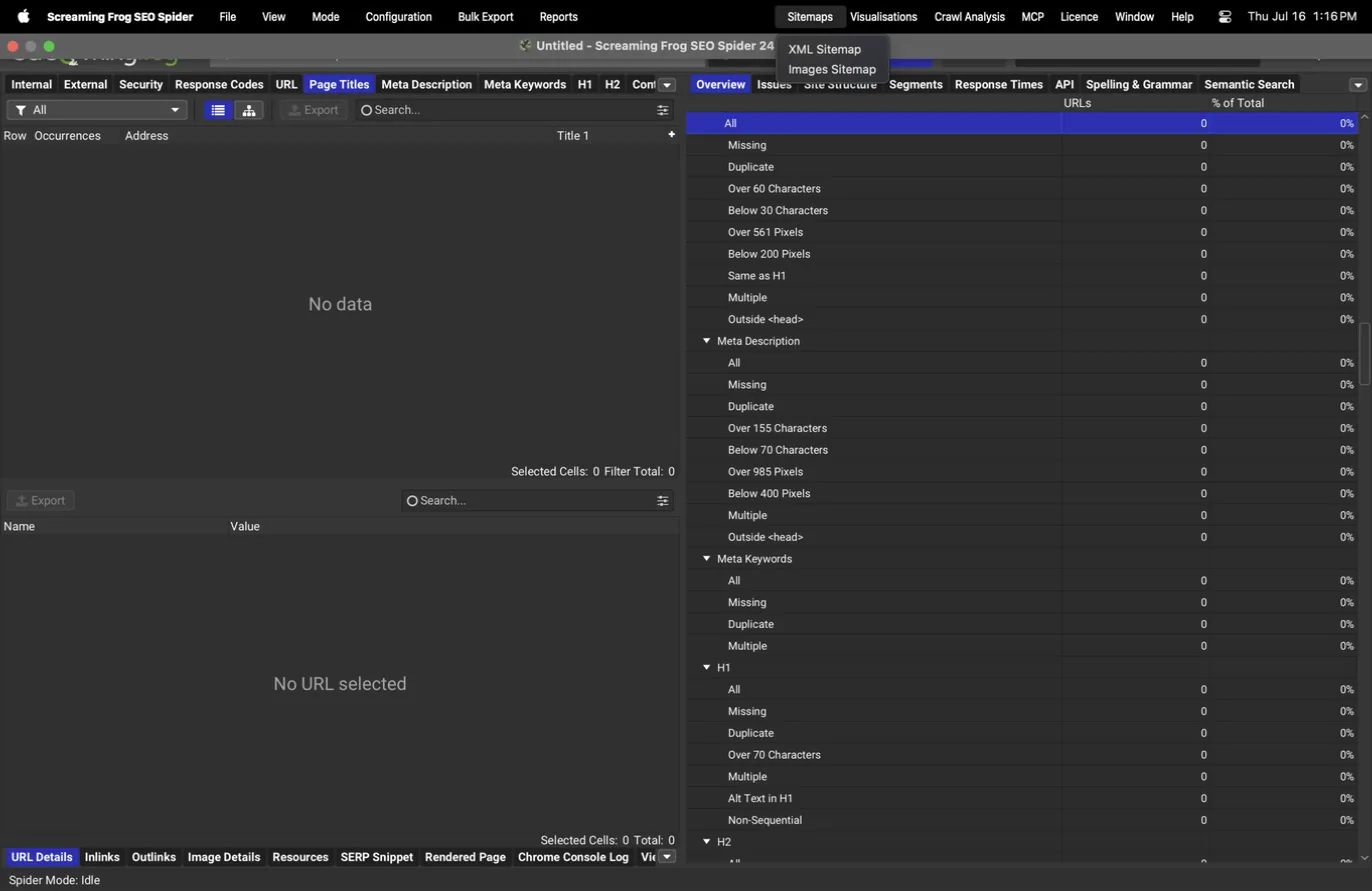 Sitemaps menu with XML and images options