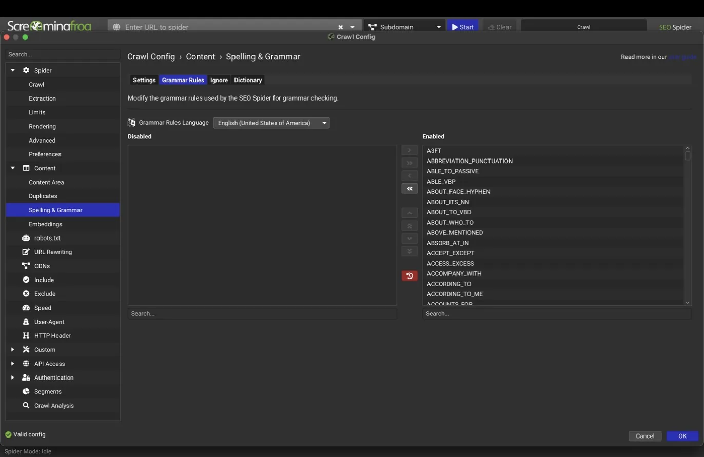 Spelling and grammar rules tab with the enabled rule list