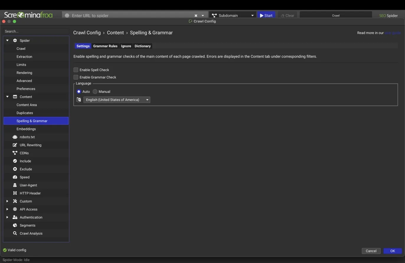 Spelling and grammar settings tab