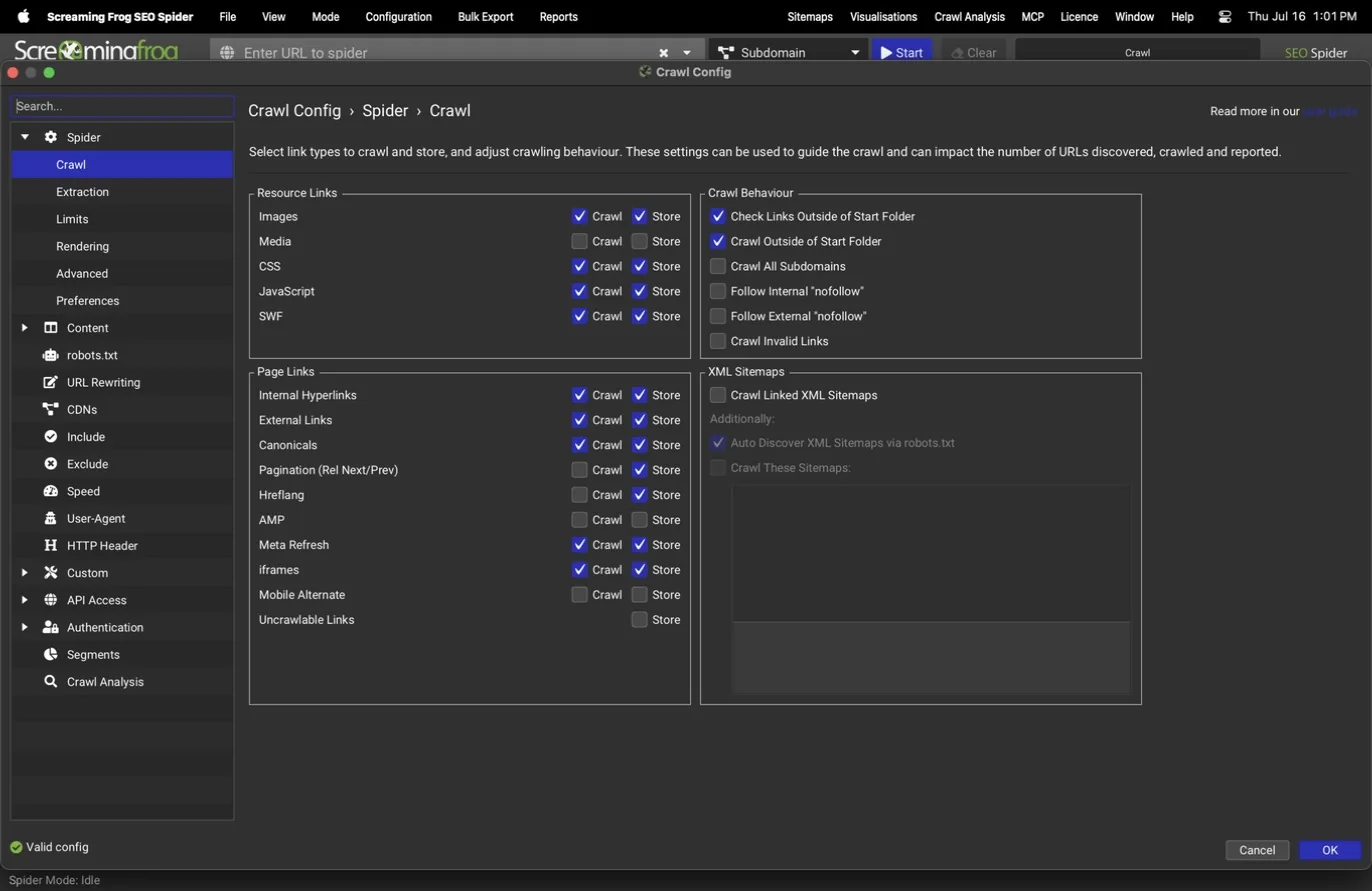 Spider Crawl pane with per-resource crawl and store toggles