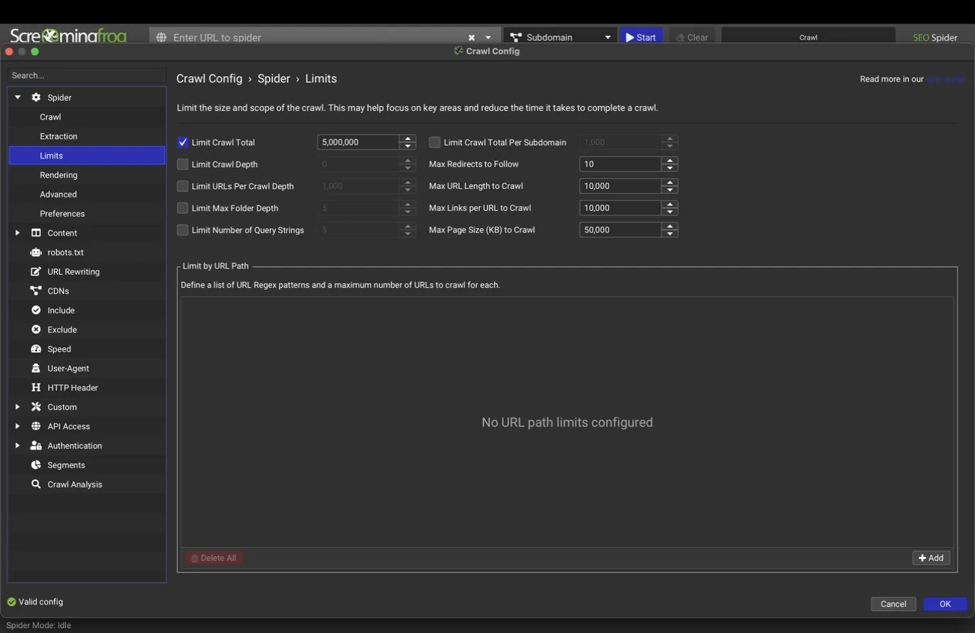 Spider Limits pane