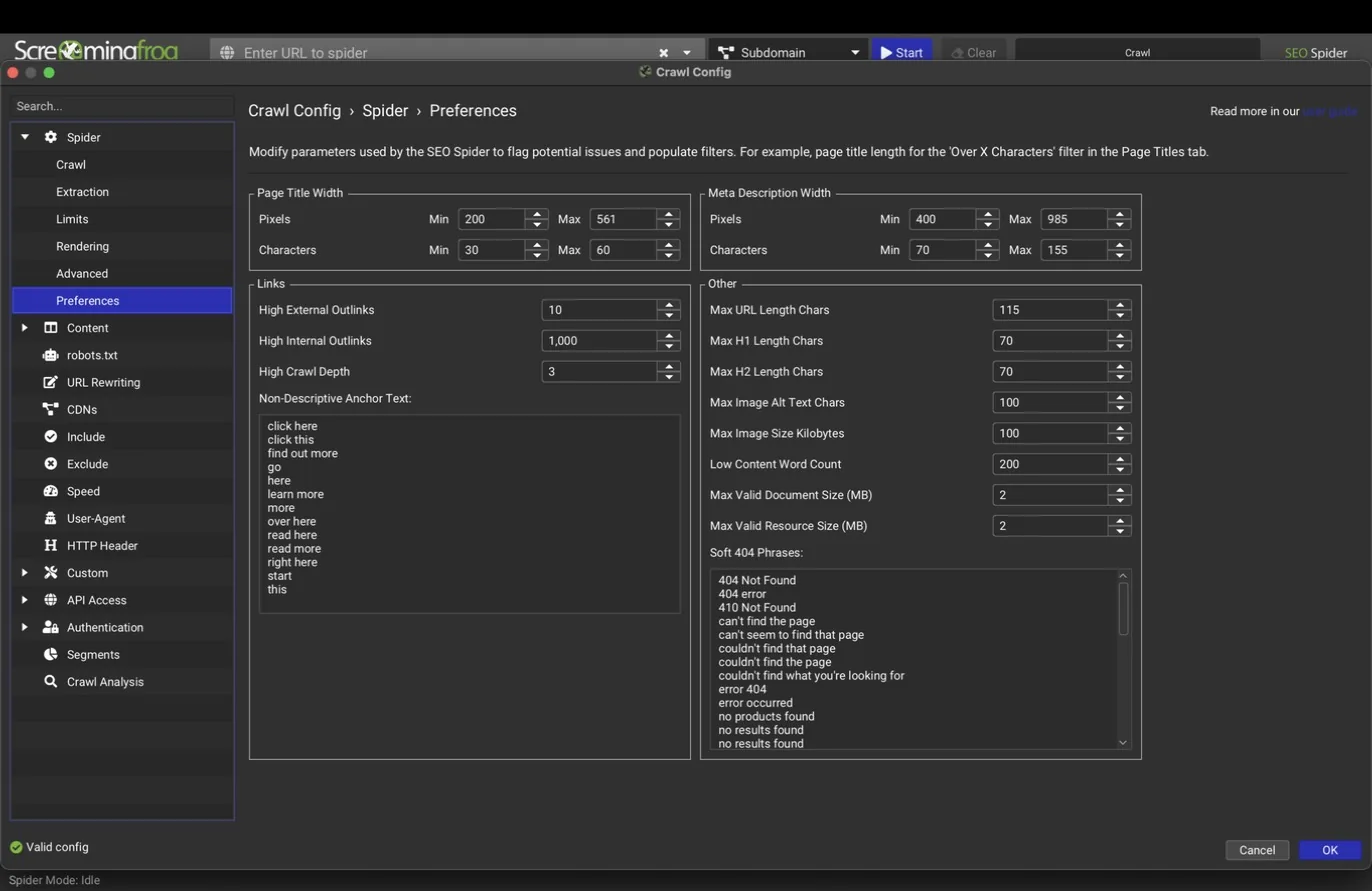 Spider Preferences pane with issue thresholds