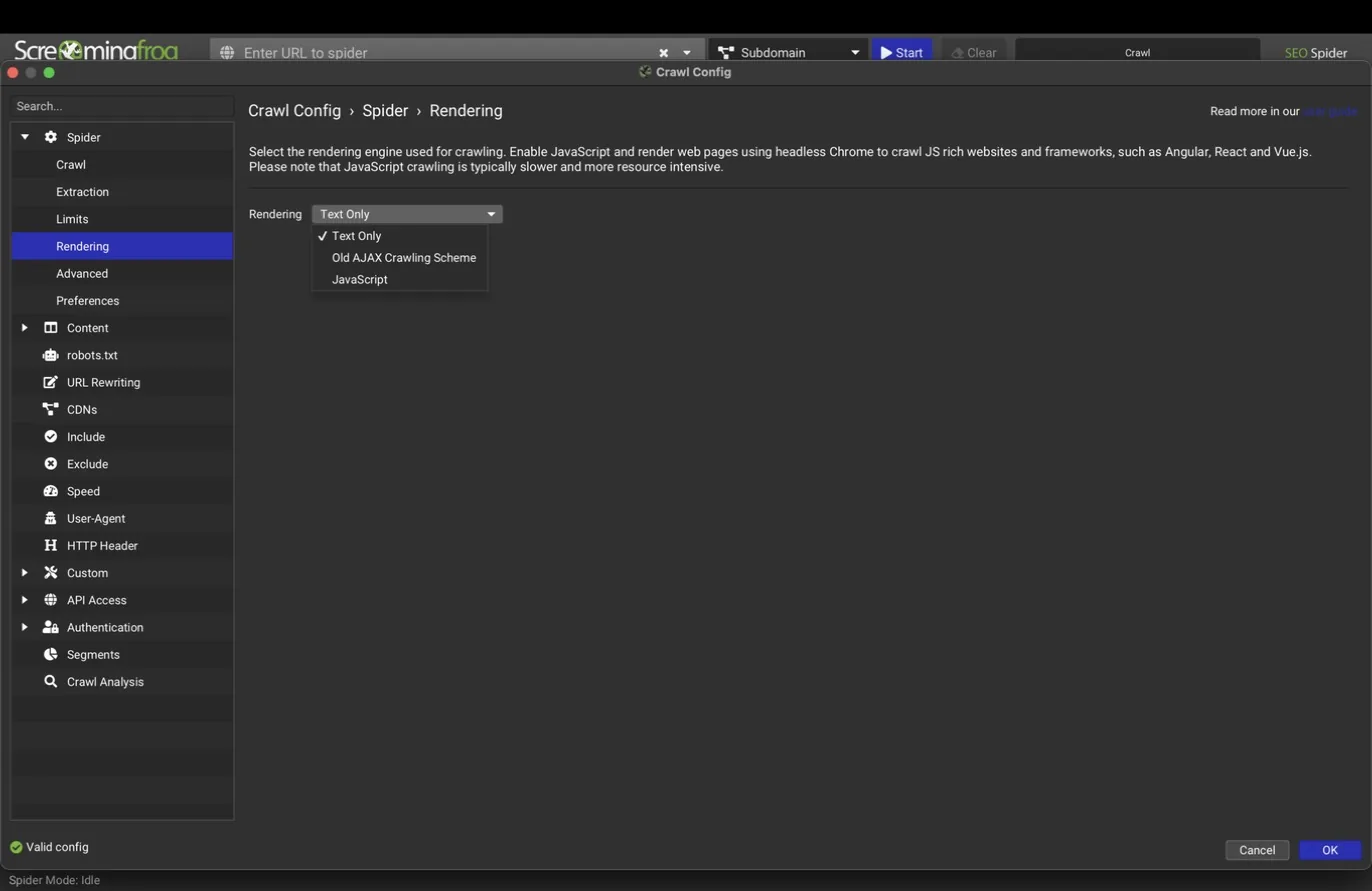 Rendering dropdown showing the three modes