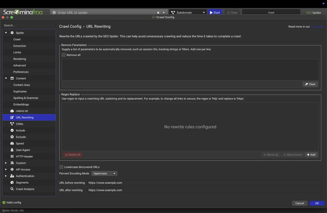 URL Rewriting pane