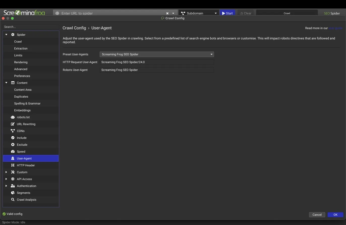 User-Agent pane with the Screaming Frog preset