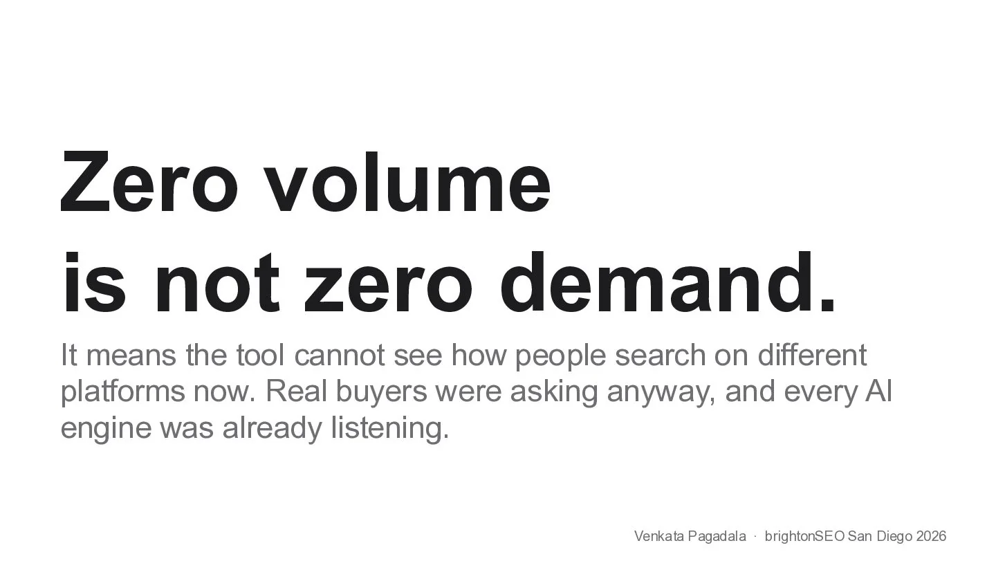 Slide: Zero volume is not zero demand. It means the tool cannot see how people search on different platforms now. Real buyers were asking anyway, and every AI engine was already listening.