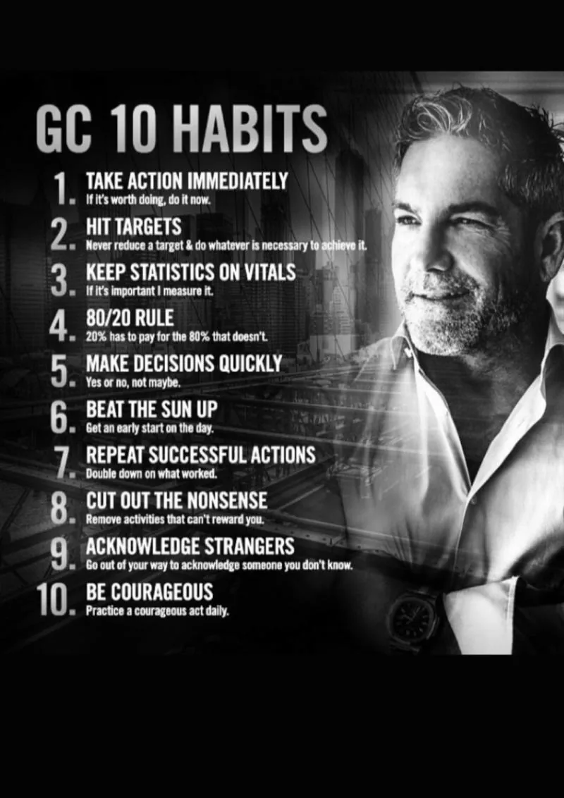 "GC 10 Habits" list graphic with Grant Cardone photo