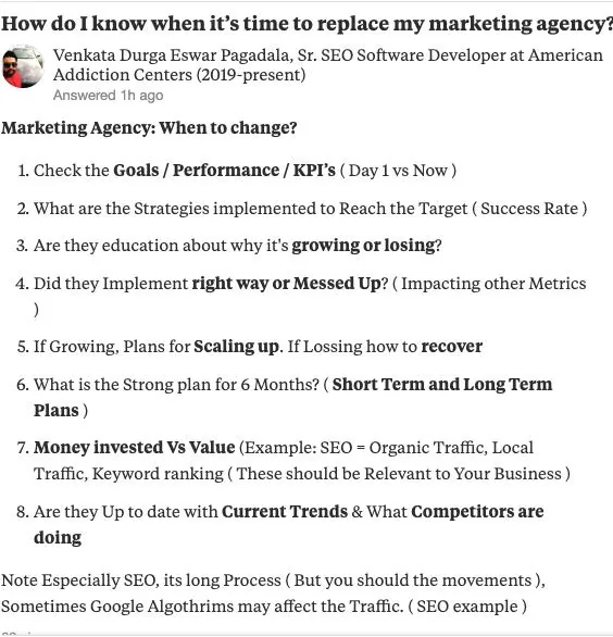 Venkata's Q&A answer on when to replace a marketing agency