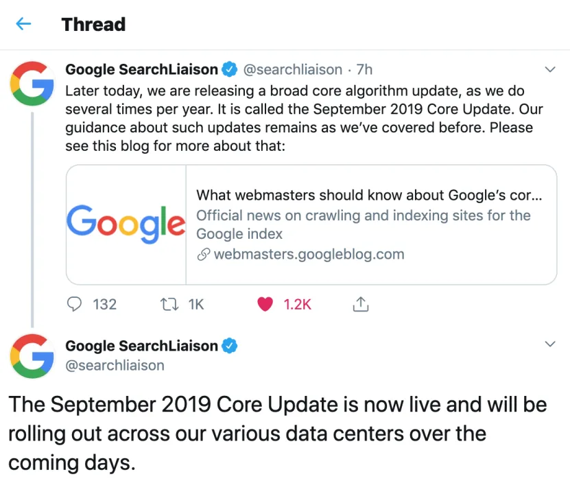 Google SearchLiaison tweets announcing September 2019 core update
