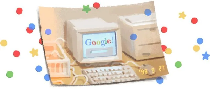 Google birthday doodle illustration: retro computer with confetti