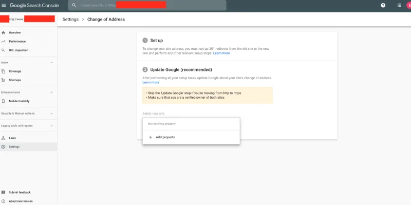 Search Console Change of Address settings screen, site URL redacted