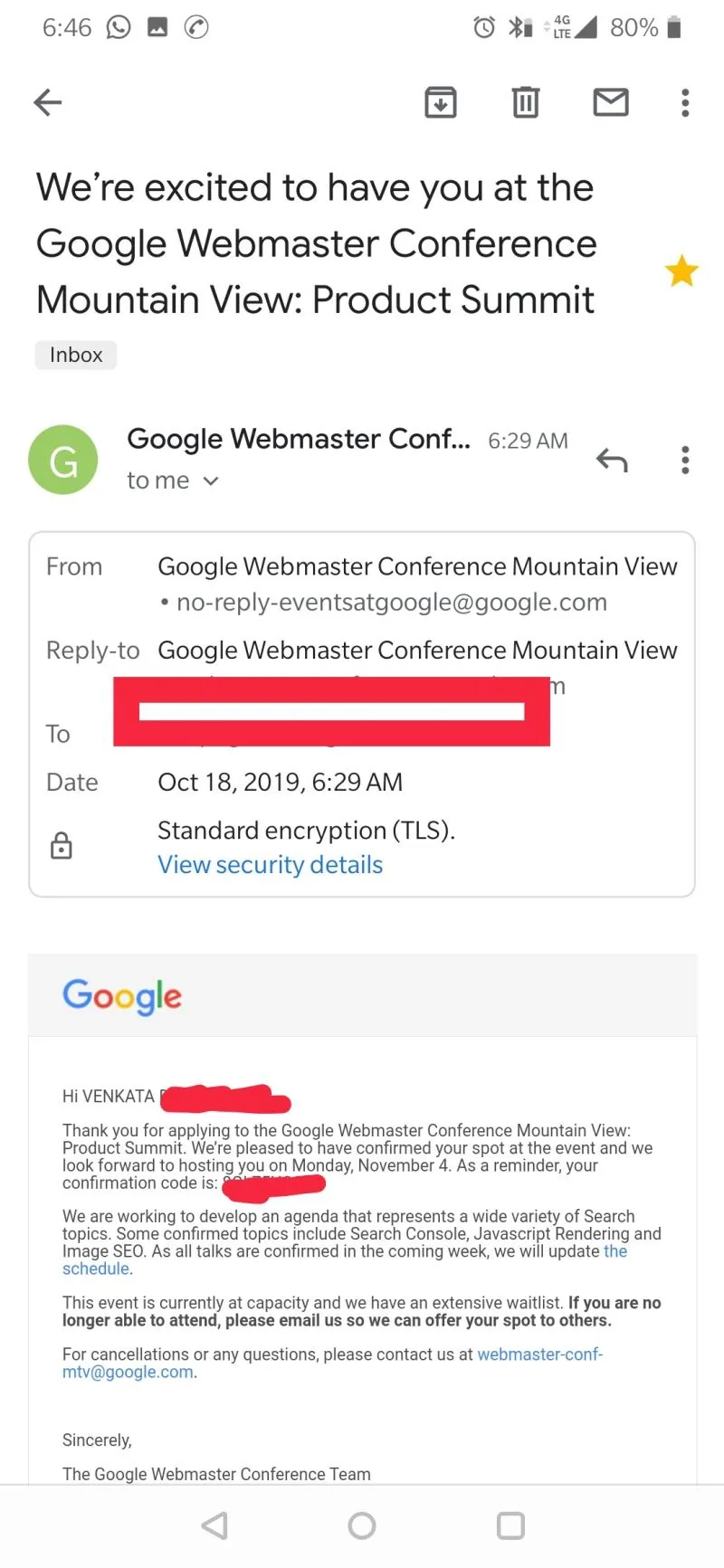 Gmail confirmation for Google Webmaster Conference Mountain View; address and code redacted