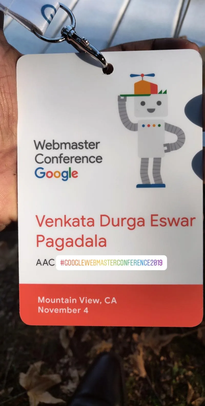 Venkata's Webmaster Conference badge, Mountain View, November 4
